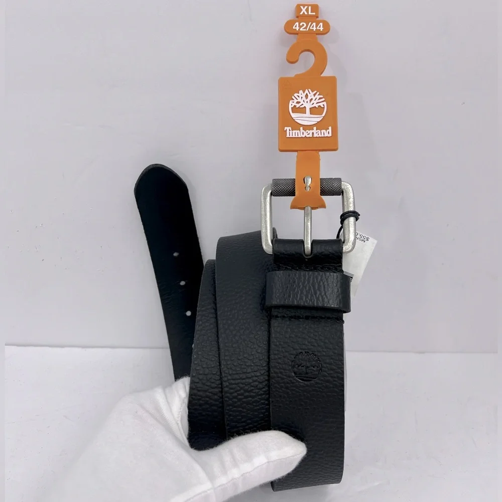 TIMBERLAND MEN’S BELT, BLACK COLOR, LEATHER WITH MAT SILVER BUCKLE,SIZE XL,42/44